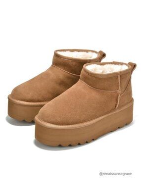 Genuine Suede Ankle Boots for Women Waterproof Platform Fur Lined Winter Boots